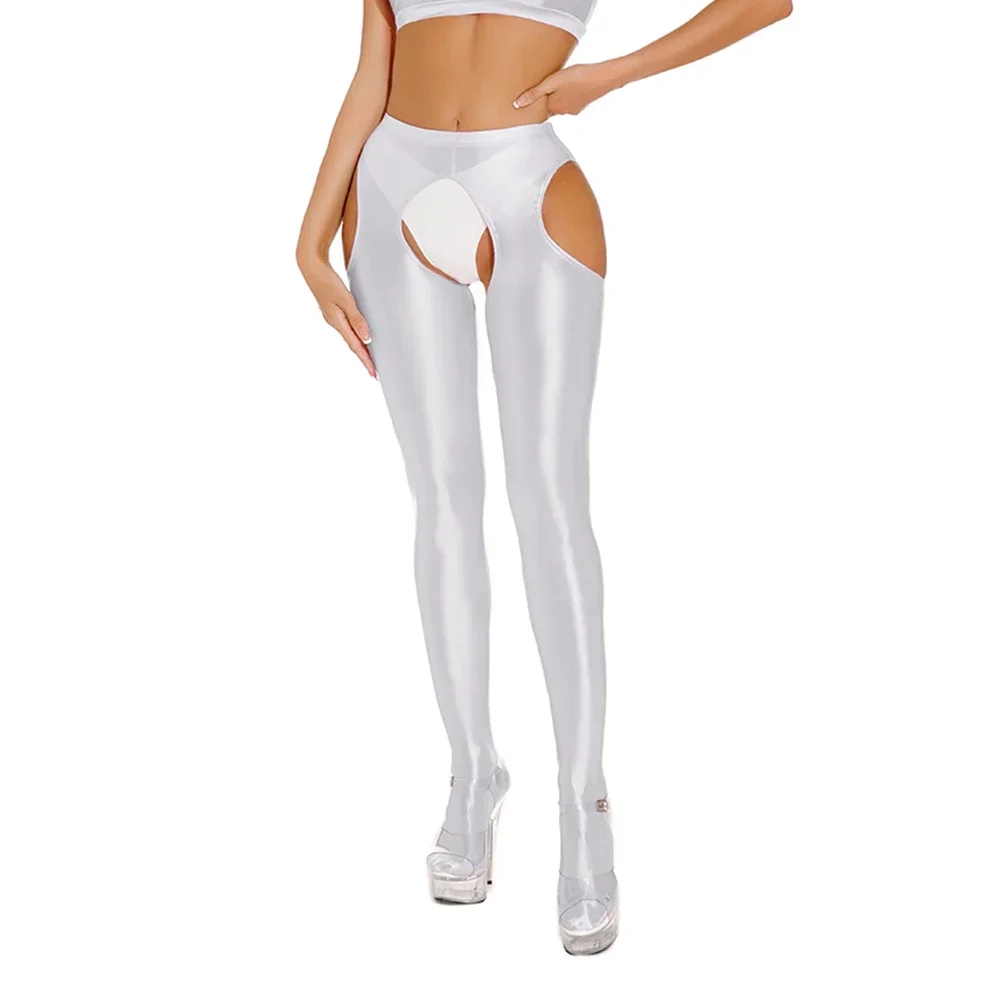 

Women Glossy Shiny Sheer Open Crotch Leggings Stretchy Skinny Dance Yoga Pants Slim Fit Tights See Through Lingerie Underpants