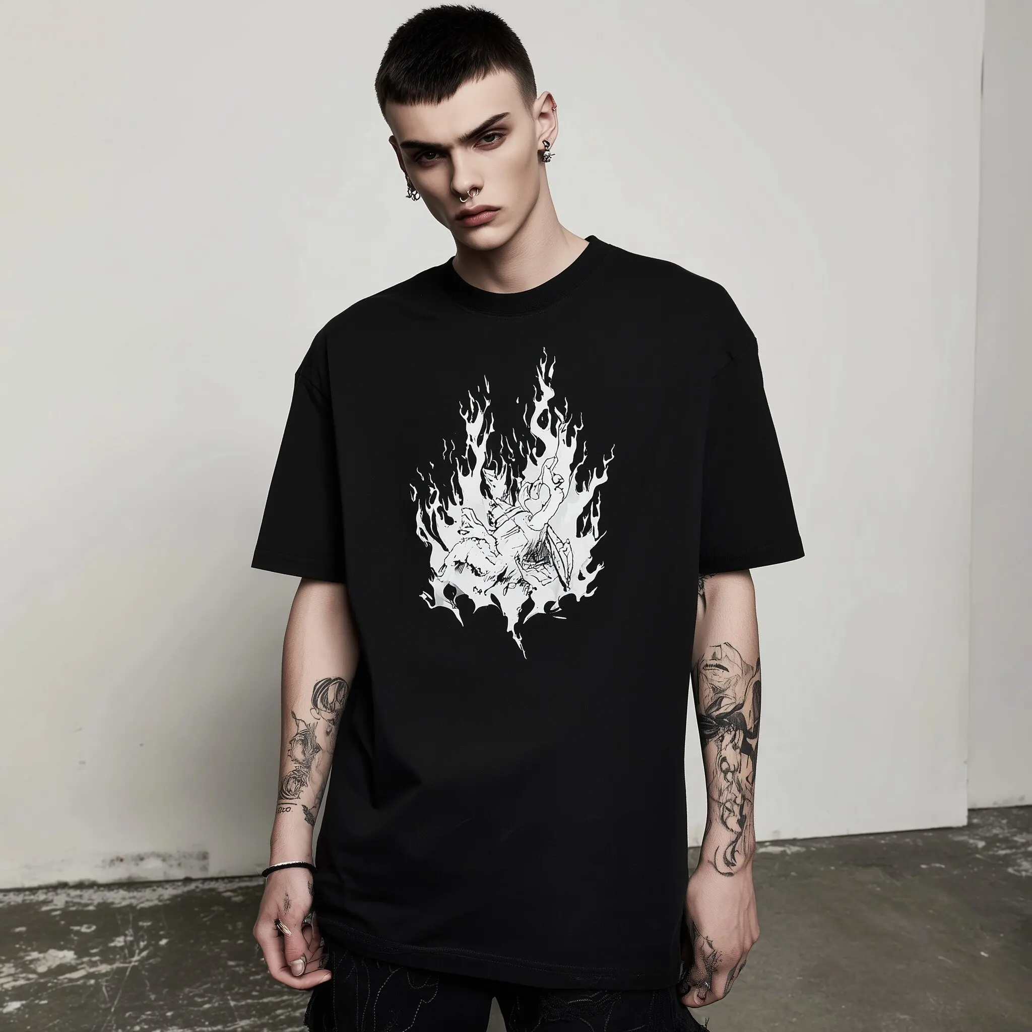 

Teevo Men's Short Sleeve T-Shirt Flame Skull Graphic Print Casual Streetwear Top for Daily Wear