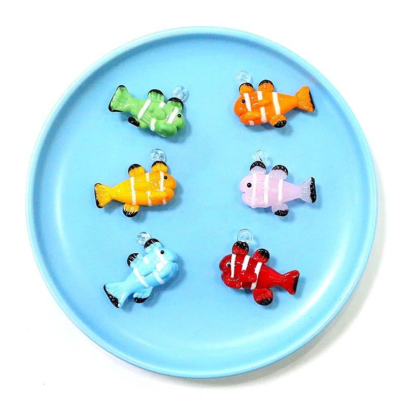 2pcs Cute Clownfish Mini Figurines Charm Glass Pendants Funny Clown Fish Tiny Statue Ornaments Female Jewelry Making Accessories