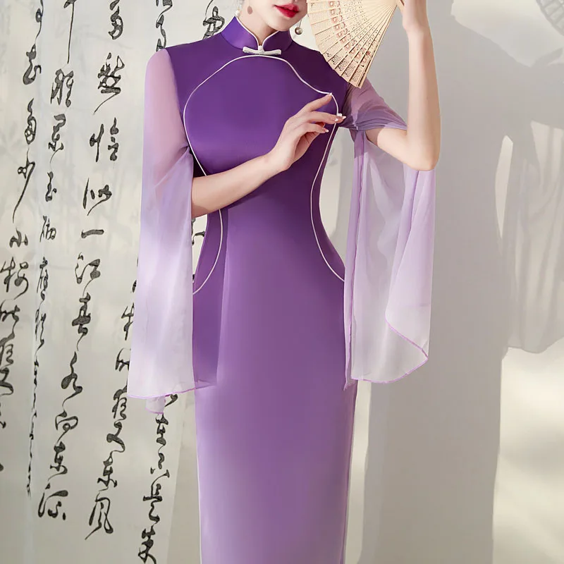 

Stage Show Performance Dress Purple Qipao Split Mesh Sleeve New Chinese Style Dress Women Sexy Banquet Party Vestidos Costume