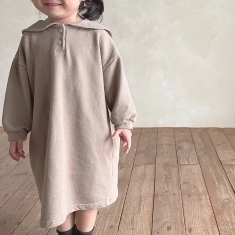 Korean  children's clothing new dress for girls autumn and winter  casual loose college style lapel mid length dress