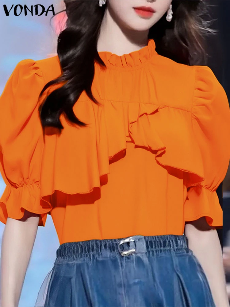 

Women Elegant Blouse Office Lady Ruffled Shirts 2025 VONDA Solid Color Casual O Neck Tunic Female Bohemian Tops Oversized