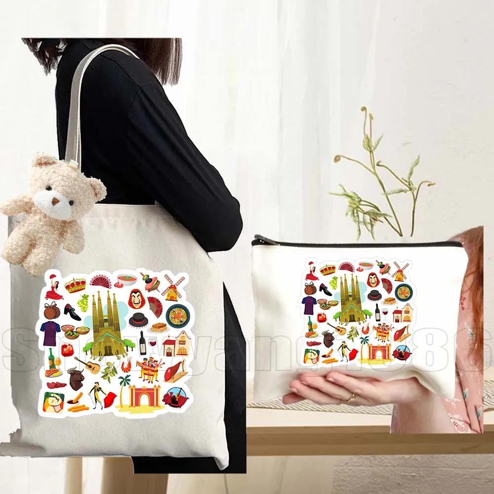 3pcs Brazil Canada France Germany Greece Canvas Tote Bag Sweden Italy Mexico Russia USA Japan Travel Icons Shopping Eco Handbag