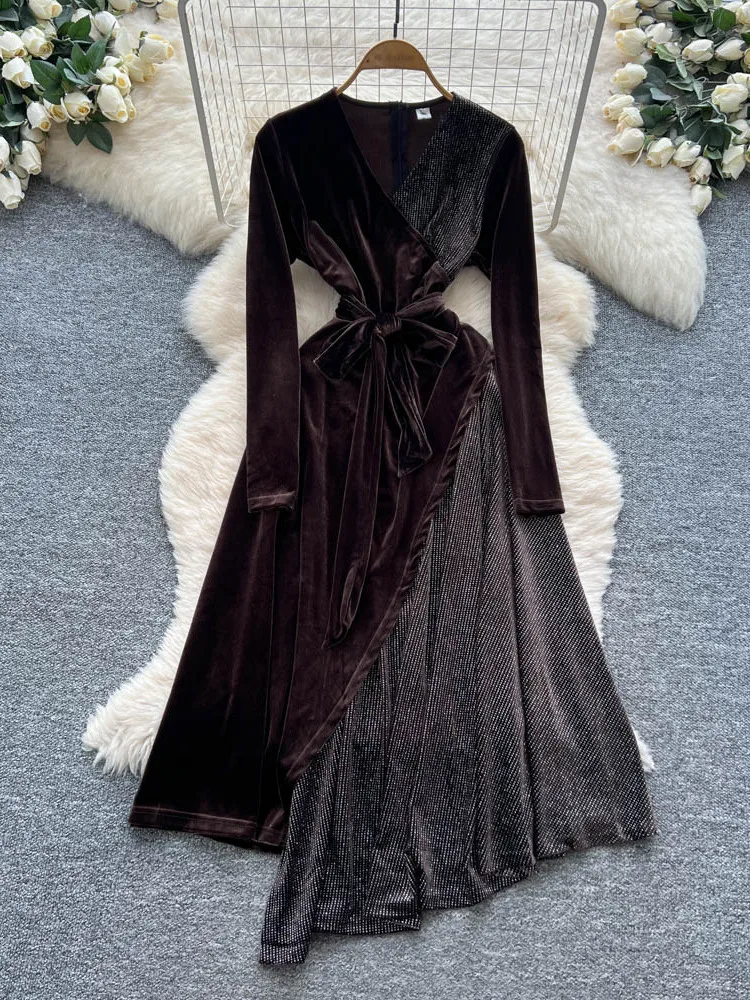 

Шикарное винтажное велюровое платье с v-образным вырезом и длинным рукавом, корейская модная осенняя женская одежда, платье для церемонии, бархатное платье с поясом на талии