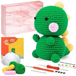 Kit de crochê DIY para iniciantes, dinossauro verde iniciante, boneca animal Craft Making, vídeo tutorial, olhos e enchimento, presentes para meninos