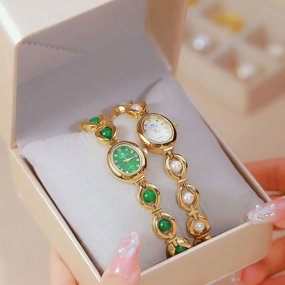 Vintage Green Jade Crystal Pearl Gemstone Women's Watch Elegant Gold Bracelet Waterproof Quartz Watch with Gift Box FA1685