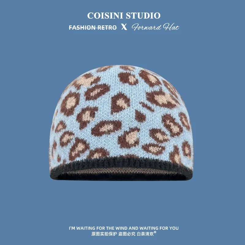 Modische Retro-Strickmütze mit Leopardenmuster für Herren und Damen, Herbst- und Wintermütze mit Ohrenschutz, warme, kurze Mütze im Skull-Design. – Detail 1