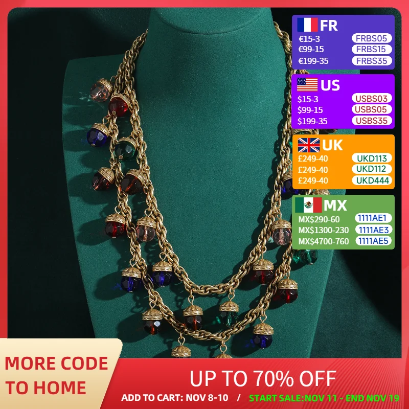 

Charms Colorful Glass Ball With Pendants Layered Necklaces Vintage For Woman Luxury Long Gold Color Chain Girls New Trending
