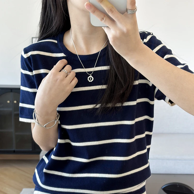 100 Cotton Womens Tshirt Summer Casual Striped Woven Pullover Short Sleeve Loose Round Neck Tee Pull Vest Top Pure Cuteore Shirt