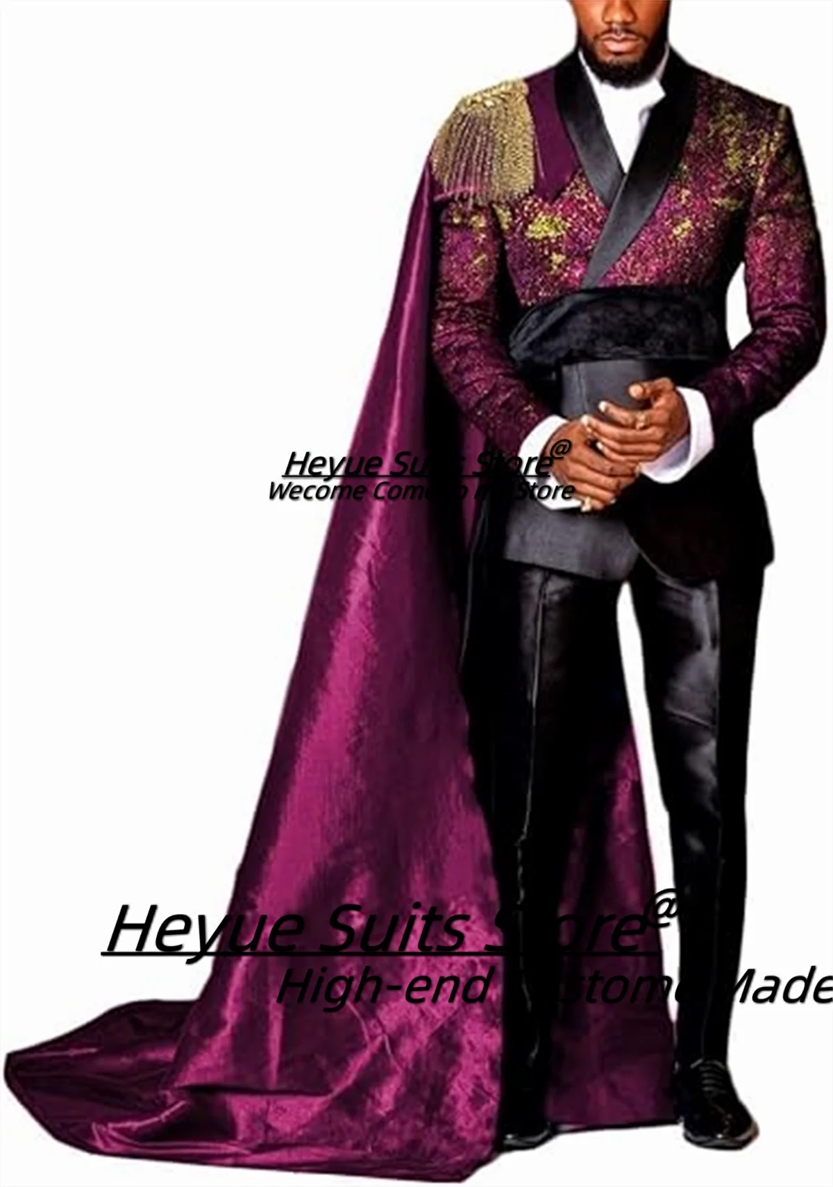 Luxuly Handsome Prom Men Suits Slim Shawl Lapel Groom Formal Tuxedos3Pcs Sets Detachable cloak Male Blazers High-end Ropa Hombre
