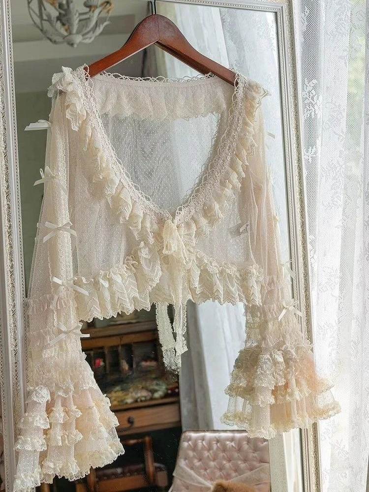 

Kawaii Lolita Style Elegant Lace Cardigan Woman Gothic Long Sleeve Y2k Ruffles Blouse Japanese Sweet Fashion Tops Chic