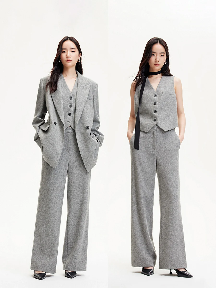 Allingentle رمادي الصوفية بدل رجالي المرأة 3 قطعة مجموعة أزياء PantSuit مجموعة الأعمال مكتب ملابس مخصصة