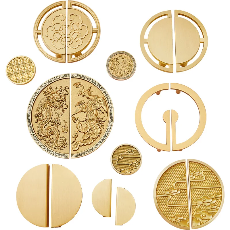 1 set Chinese Style Round Cabinet Handles Brass Wardrobe Pulls Drawer Knobs Antique Textured Furniture Handle