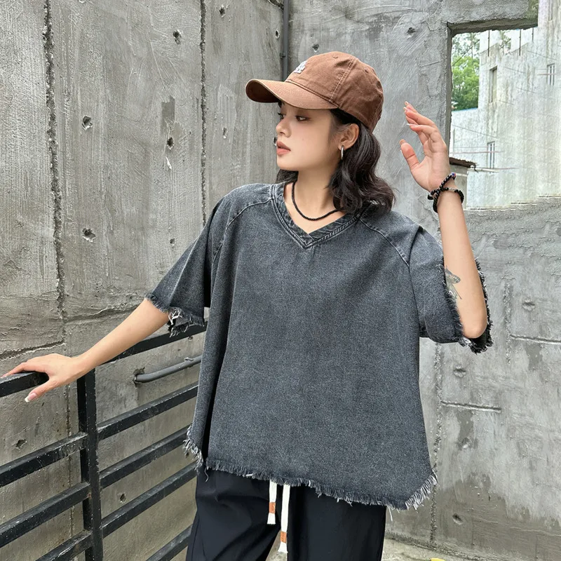 ANJY Summer New Women Stylish Casual Frayed Irregular Hem Short Sleeve T-shirt Trendy Ins V-Neck Vintage Washed Loose Top A21851