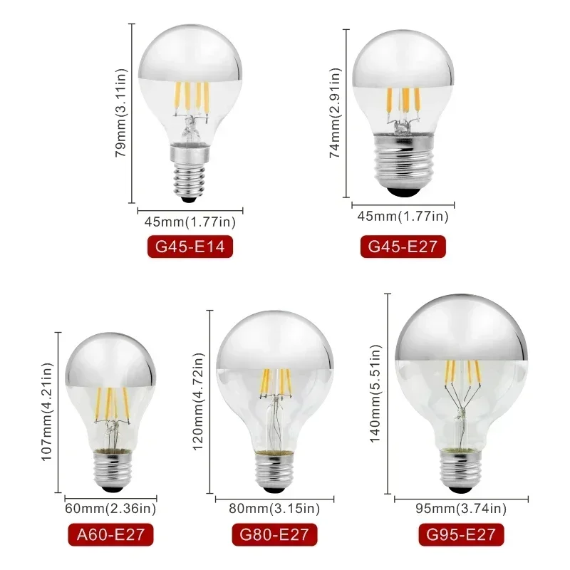 Mirror Silver Retro Edison LED Light Bulb E14 E27 4W G45 A60 ST64 G80 G95 Vintage Filament Lampada LED Lamp Warm White Lighting