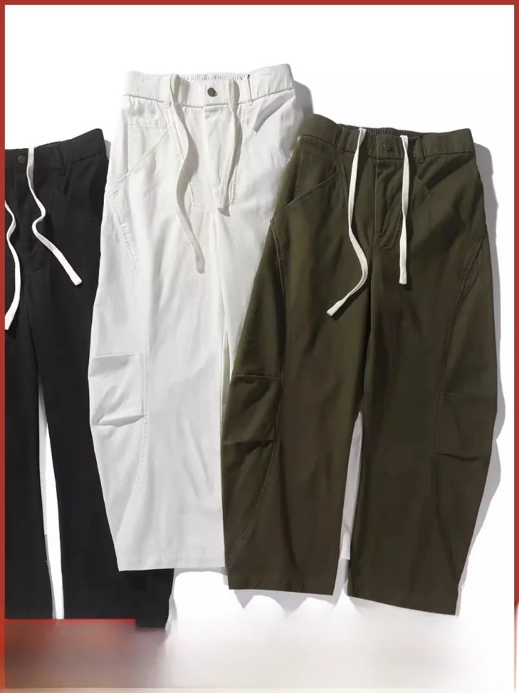 

Свободный крой, повседневные брюки, мужские брюки из смеси хлопка с завязками на талии, прямые брюки со сложенным ножом