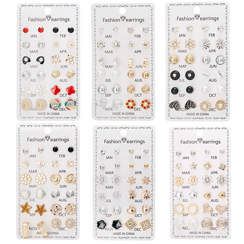 12Pairs Combination Stud Earrings Set Crystal Imitation Pearl Flower Heart Star Small Earrings For Women Mix Style Month Jewelry