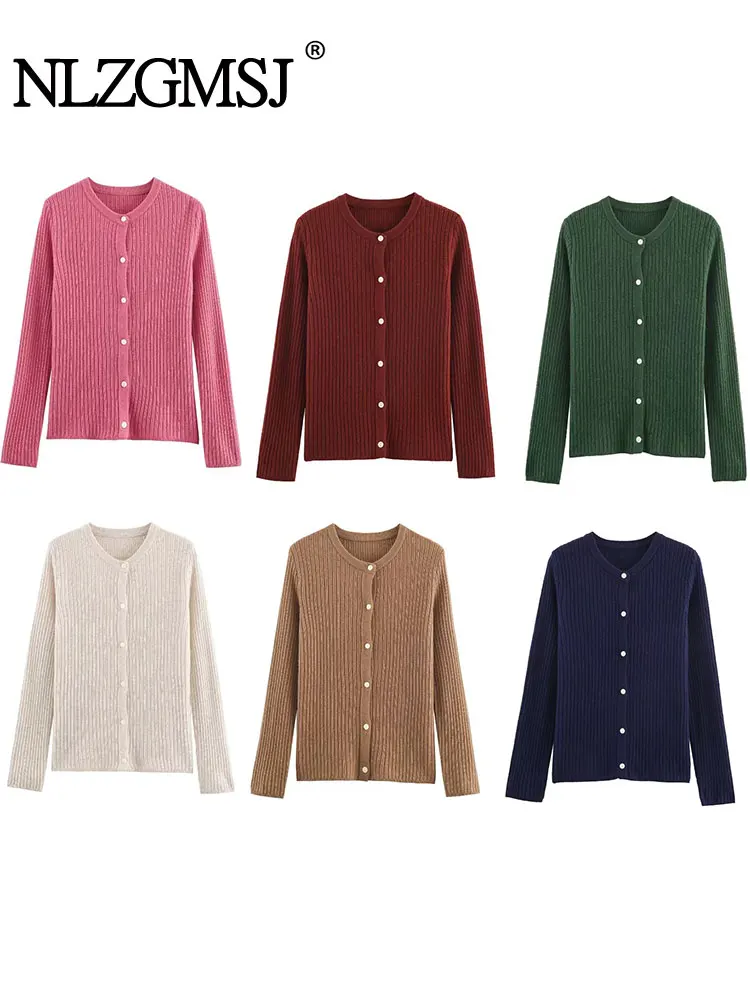 NLZGMSJ سترة نسائية كلاسيكية أنيقة غير رسمية برقبة دائرية واحدة الصدر وأكمام طويلة سترات محبوكة موضة خريف 2025