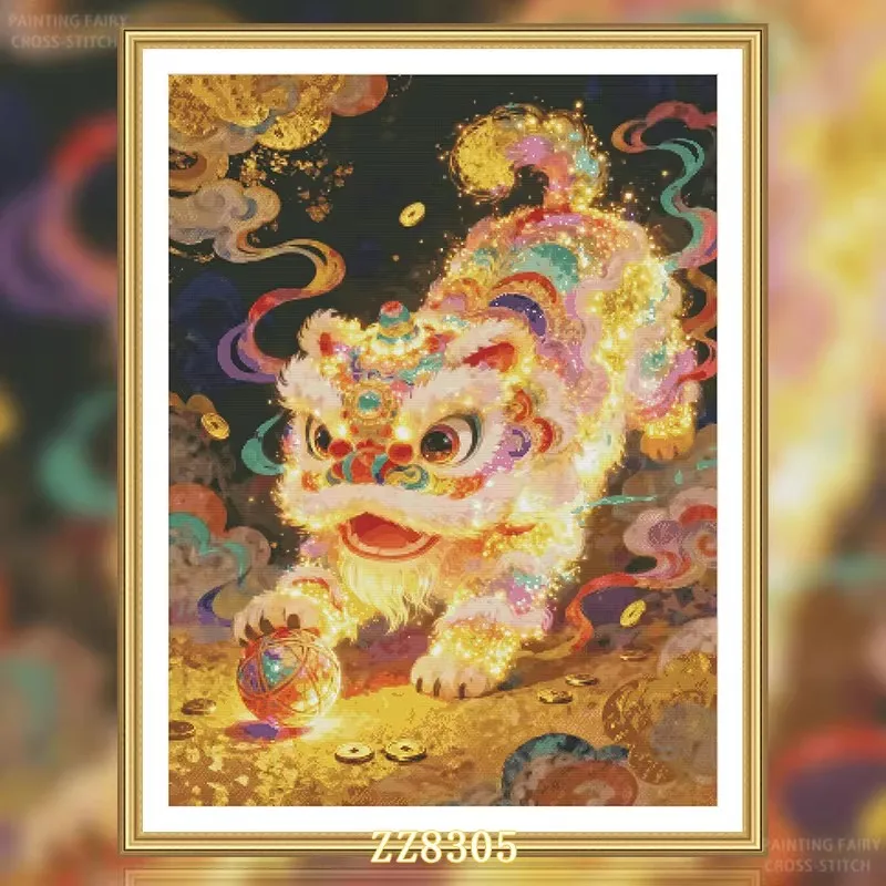 

ZZ8305 Lion Dance 14CT 16CT 18CT Stamped Cross Stitch DIY Set Kit Needlework Embroidery 127 Colors