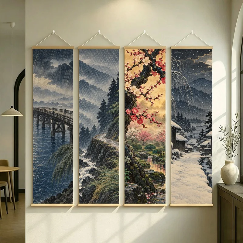 Misty Mountain Wall Art with Arched Bridge, Soft Blossoms and Snowy Woodland Valley on Silver Shimmer Canvas for Reading Nook