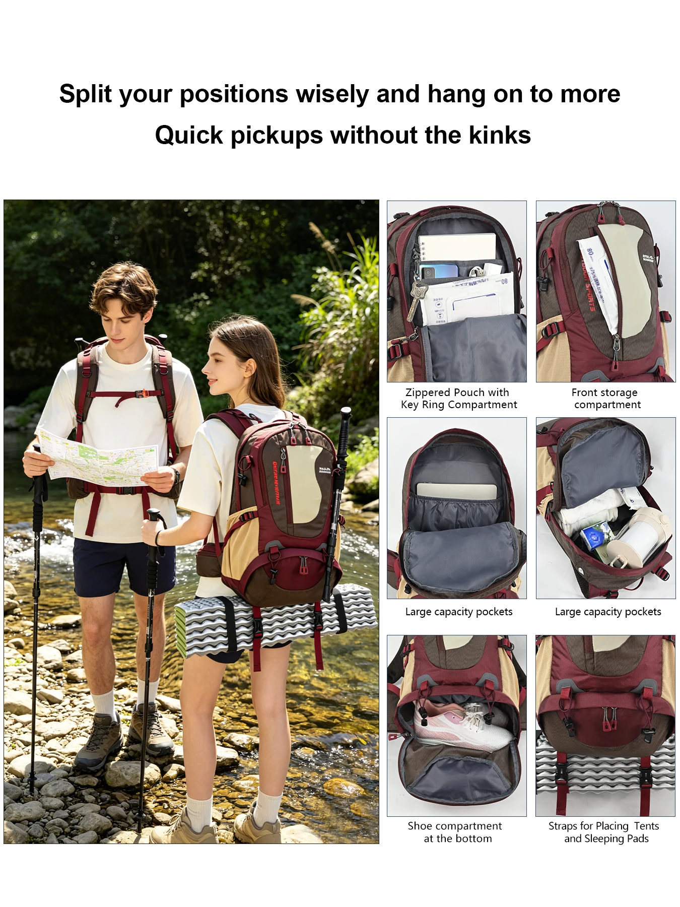 ROYAL MOUNTAIN 35L Wander- & Alltagsrucksack mit Schuhfach, mehreren Taschen, Hüfttasche, Brustschnalle, wasserabweisendem Stoff – Detail 6