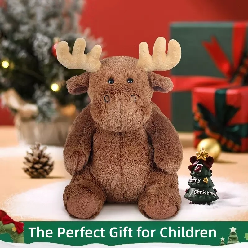 Jouet en peluche d'élan de noël avec bois, poupée assise de renne en peluche douce pour enfants, ornement de canapé, cadeaux Surprise d'anniversaire pour enfants