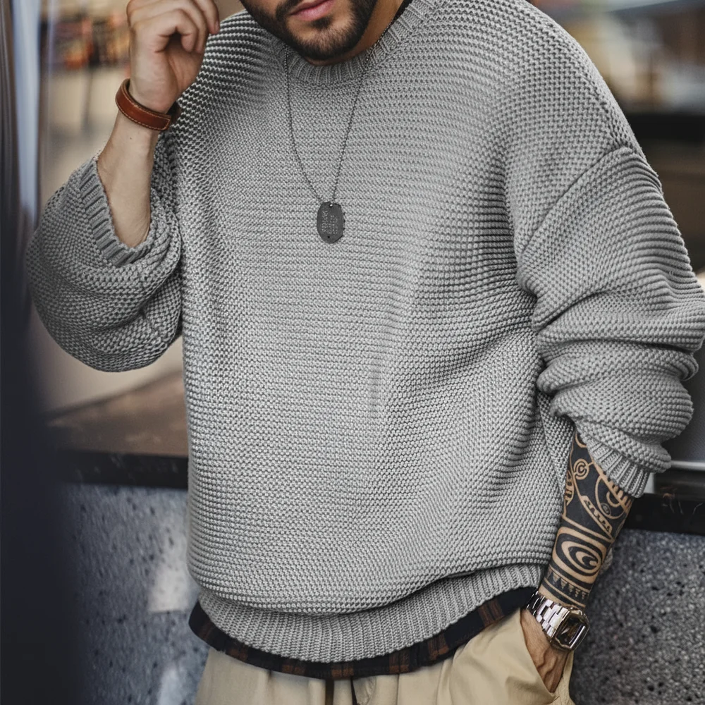 Maden Retro-Schwergewichtsstrickpullover, lockerer Rundhalspullover, warme, vielseitige Basisschicht-Strickwaren für Herren im Herbst und Winter