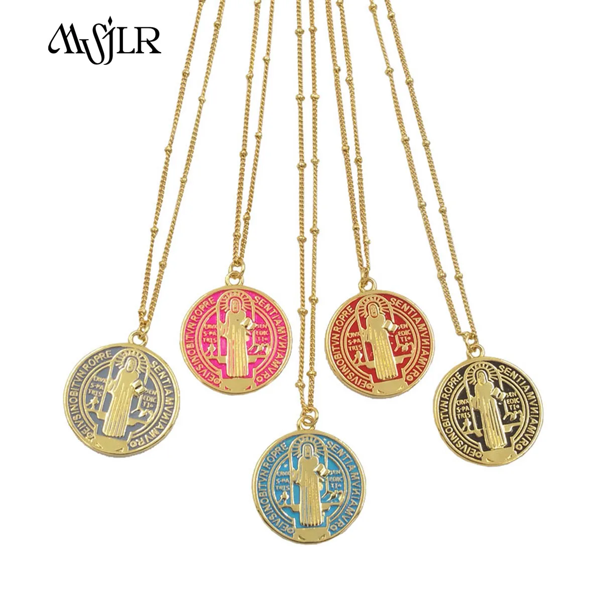 MVN070   2024 Medieval Retro Style Religious Elements Printed Pendant Necklace Color Plated Round Shape Jewelry For Women Gift