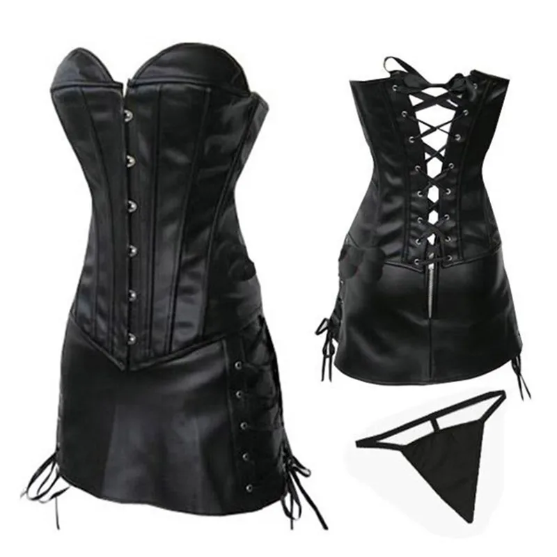 

Size S to 6XL Women Gothic Faux Leather Corsets Dress Bodyshaper Sexy Overbust Bustier Top with Mini Skirt Set Burlesque Costume