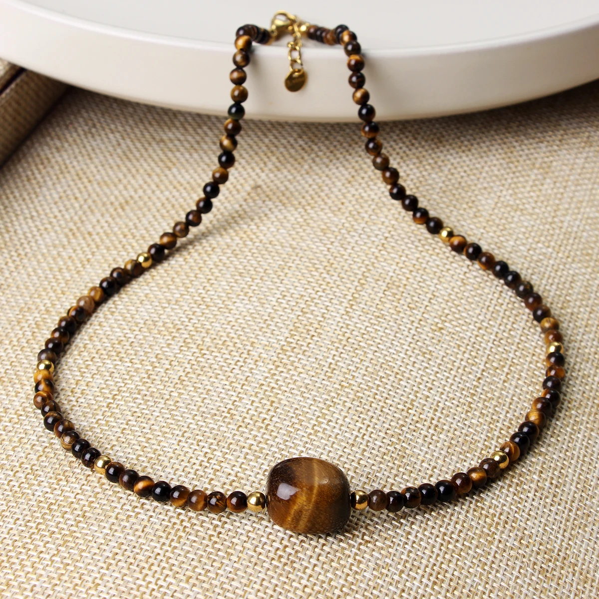 Yumfeel Natural Tiger Eye Stone Pendant Handmade Beaded Choker Necklace Vintage Elegant Autumn & Winter Jewelry Gift