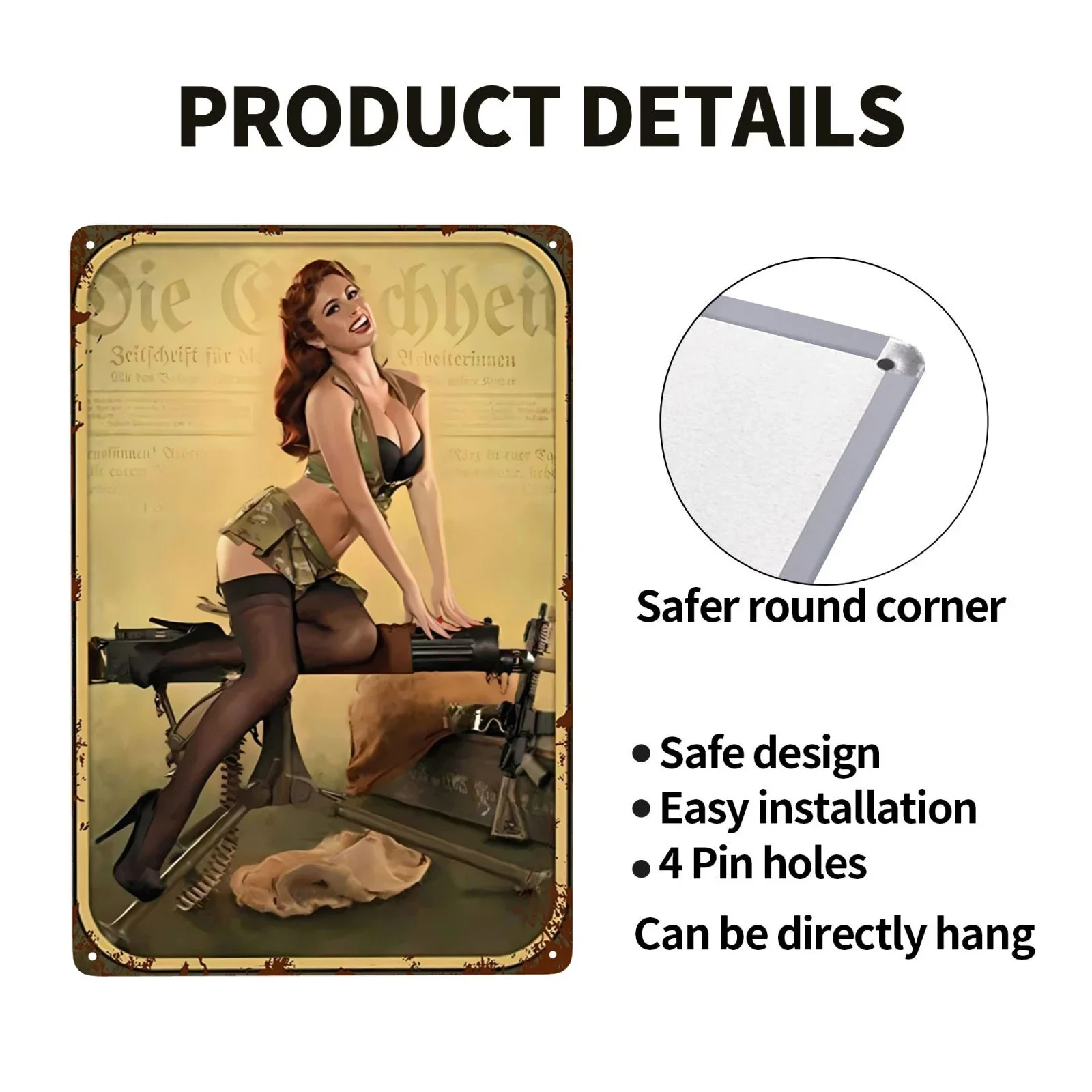 1pc Vintage Army Pin Up Girl Metal Signs Airplane Air Force Girl with Guns Sign for Garage Bar Man Cave Wall Decor 12x8 Inch
