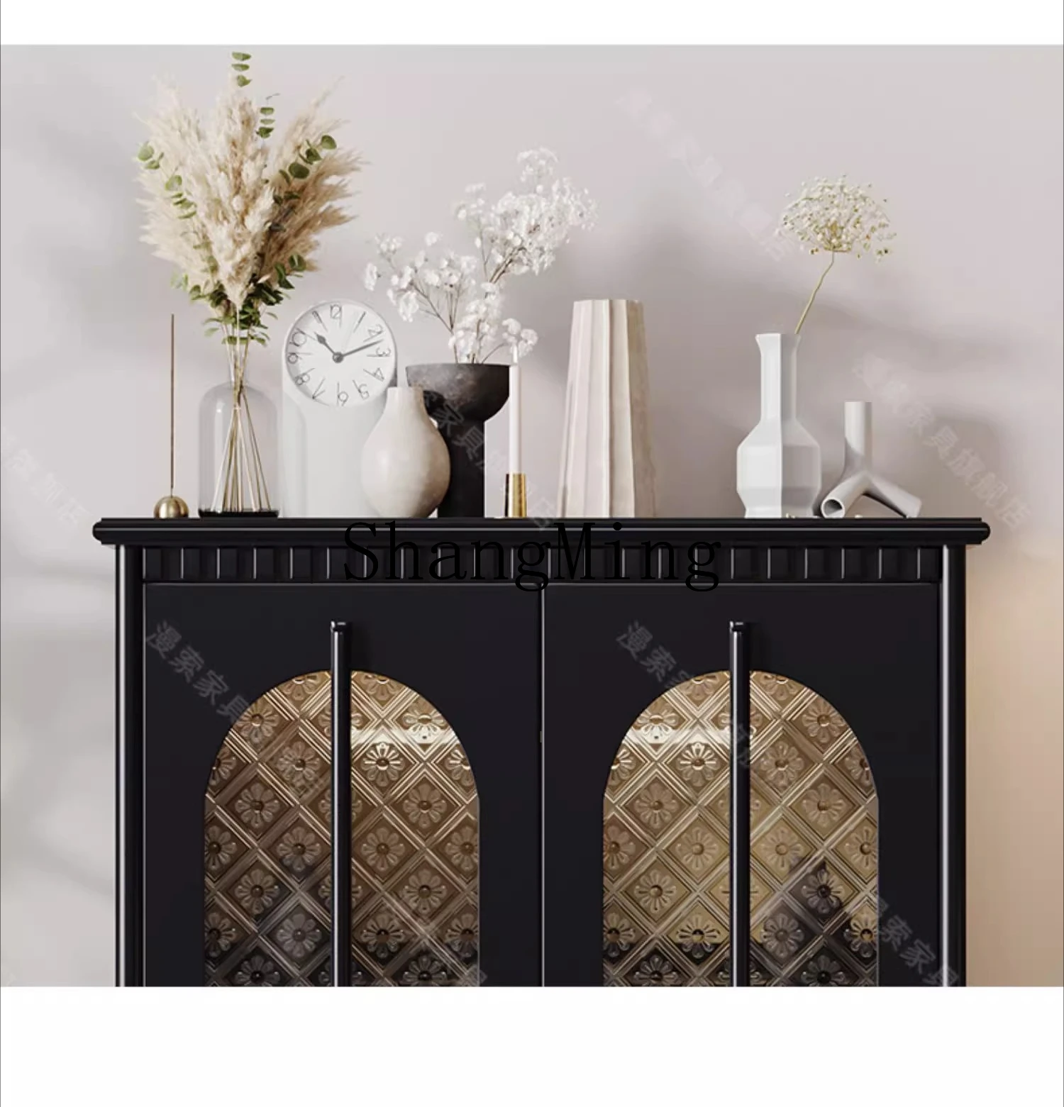 HJ retro style entrance dining side cabinet light luxury solid wood home living room induction glass door wine cabinet