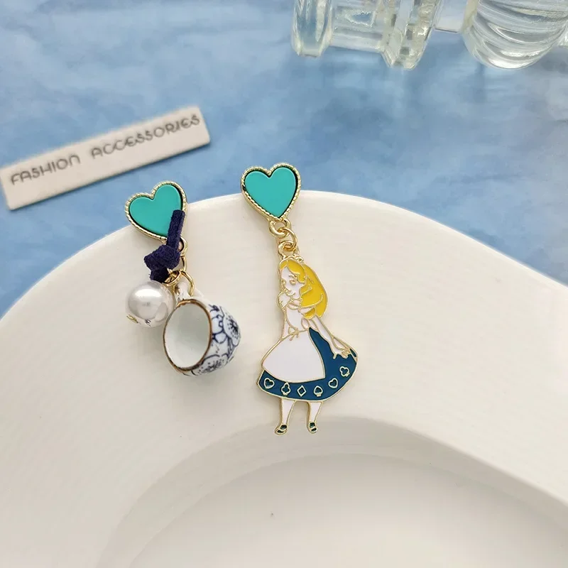 S925 Silver Needle Fairy Tale Princess Girl Earrings Cute Sweet Asymmetric Blue Heart Cup Alice Earrings for Women