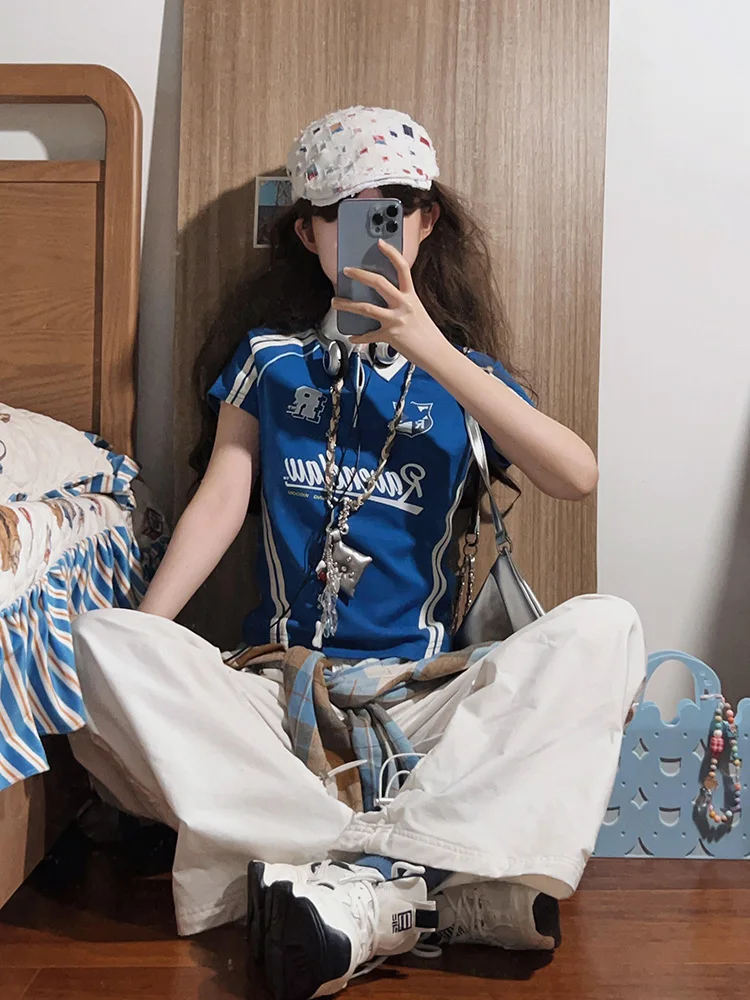 เสื้อยืดสไตล์อเมริกันย้อนยุค คอปกแบบสเวตเชิ้ต ลายทาง สำหรับผู้หญิง ใส่สบายช่วงฤดูร้อน ทรงสลิม หรือแบบยาว