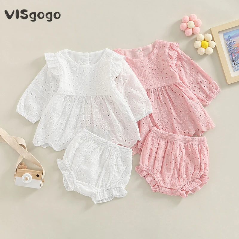 VISgogo Toddler Baby Girls Clothes Solid Color Cutout Round Neck Long Sleeve T-shirt Tops Ruffle Shorts Spring Fall Outfits