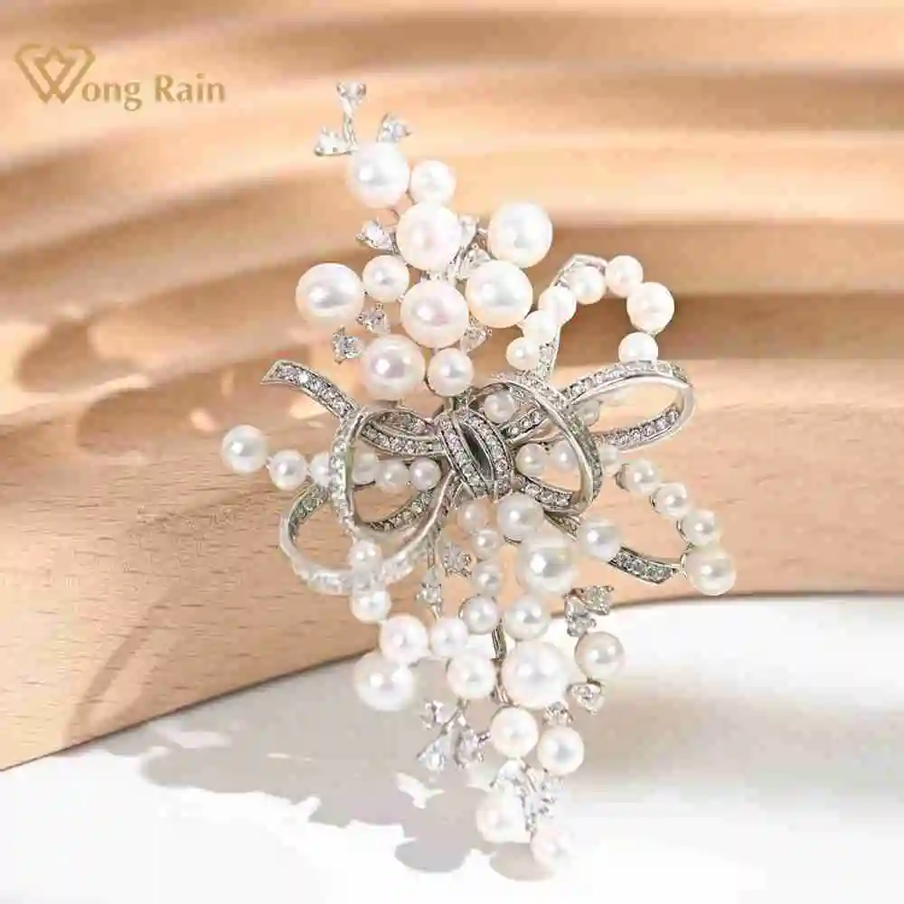 Wong Rain Luxury 925 Sterling Sliver Natural Freshwater Pearl Sapphire Diamond Bow Brooches Engagement Fine Jewelry DropShipping