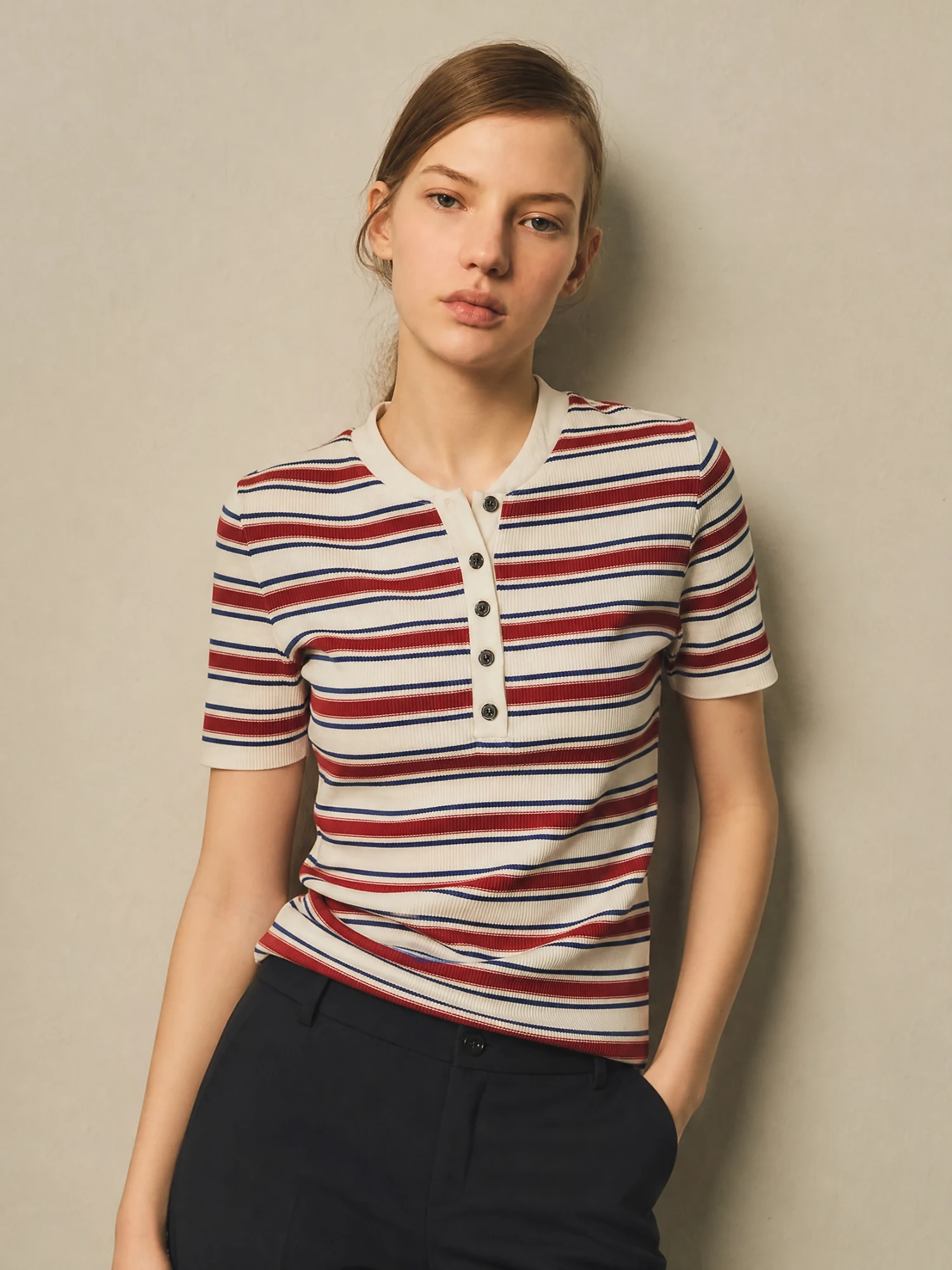 Striped Slim Fit Knit Vest Henry Collar Gathered Waist Casual Style Women's Soft Cotton Blend Short Sleeve Top