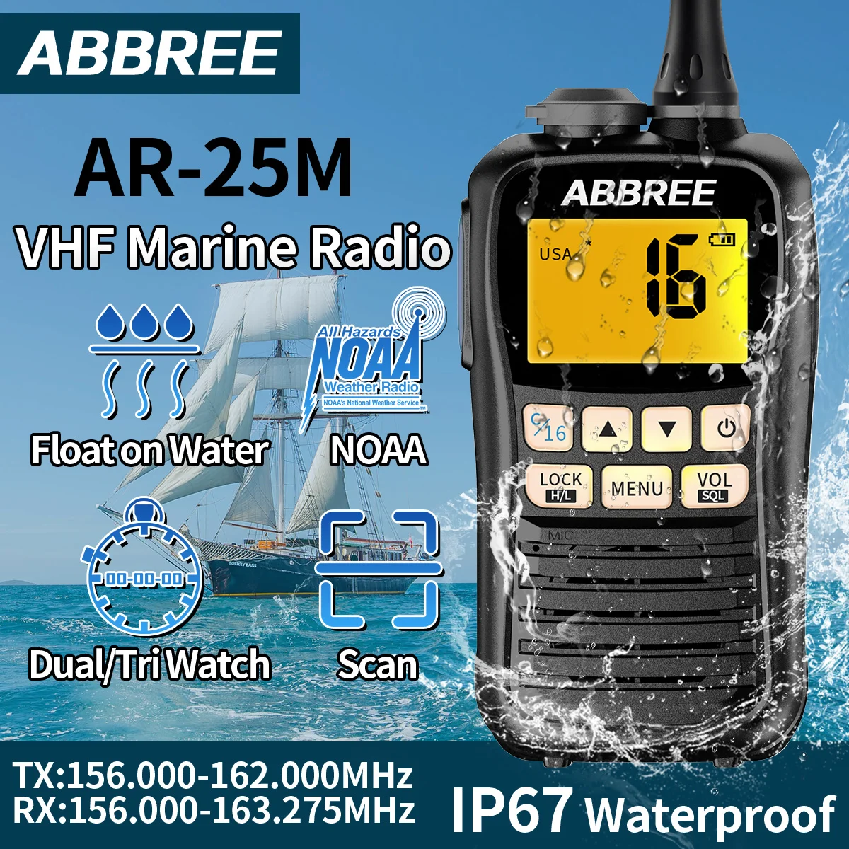 ABBREE AR-25M Marine Radio IP67 Waterproof Floating Walkie Talkie VHF NOAA Handheld Float Vessel Talk Two Way Radio For Boat