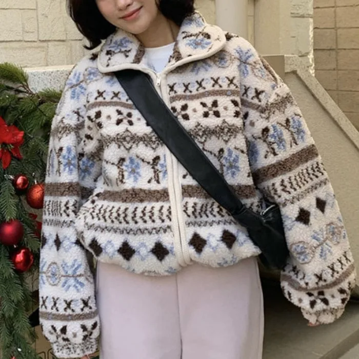 Chic Winter Warm Fce Lammfell ort Mantel Jaet Nordic Sle Damen Faion Casual Vielseitige Baumwolle Polyester Mischung