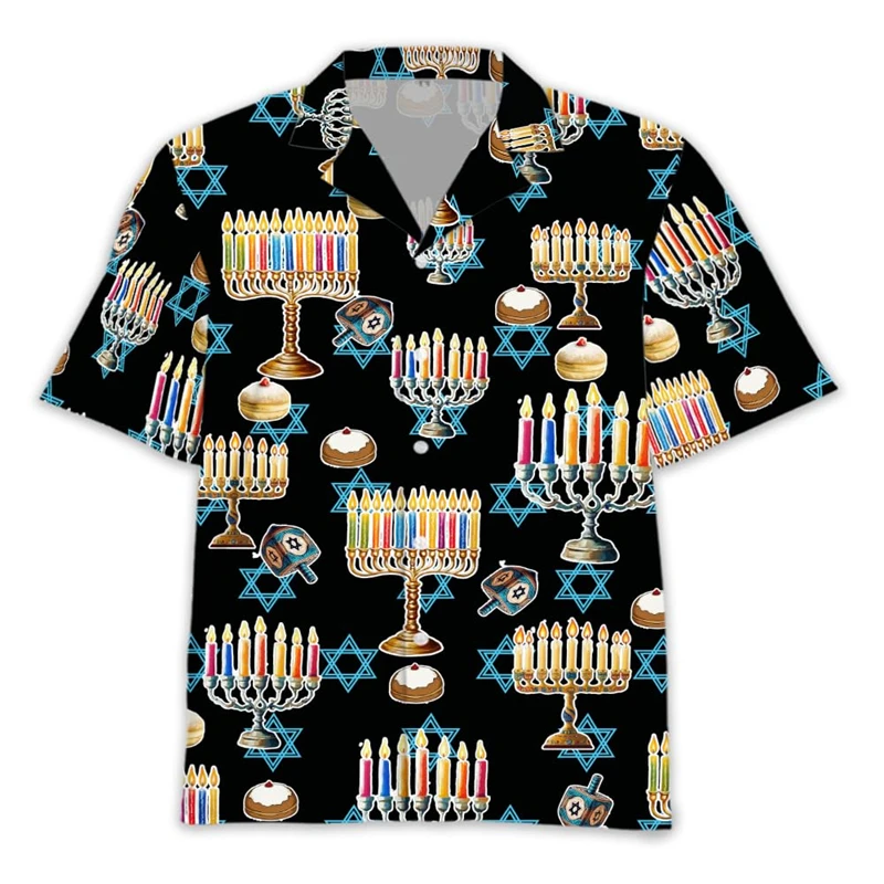 Happy Chanoeka 3D bedrukte shirts met korte mouwen voor herenkleding Chanukka vakantie revers blouse kaars dag knop kleding unisex