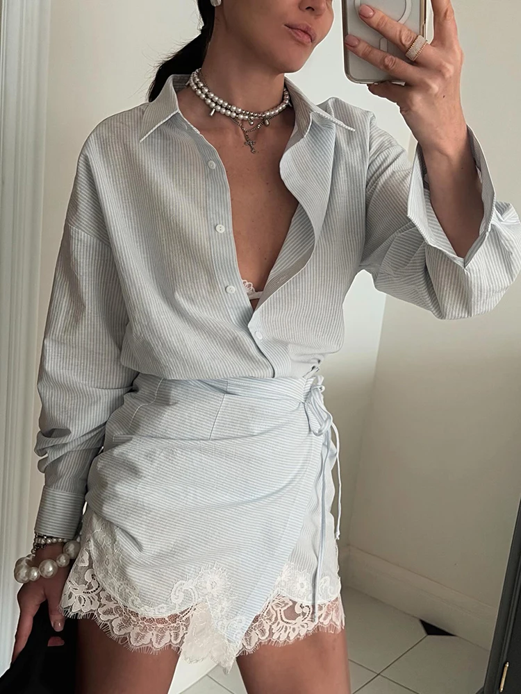 Striped Lace Trim Oversized Wrap Mini Skirt Set for Women Casual Spring Brunch Office Fashion Outfit