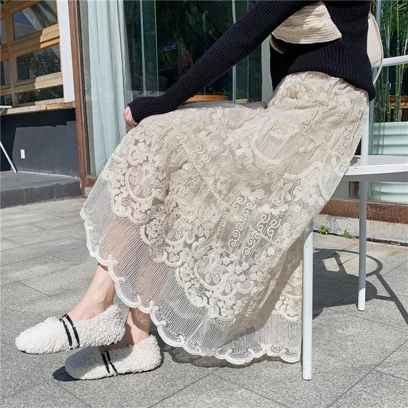 

Embroidered Flower Lace Skirt Spring Summer Women High Waist Boho Beach Long Skirts Vintage Pletaed Gauze Skirt Sweet Beige