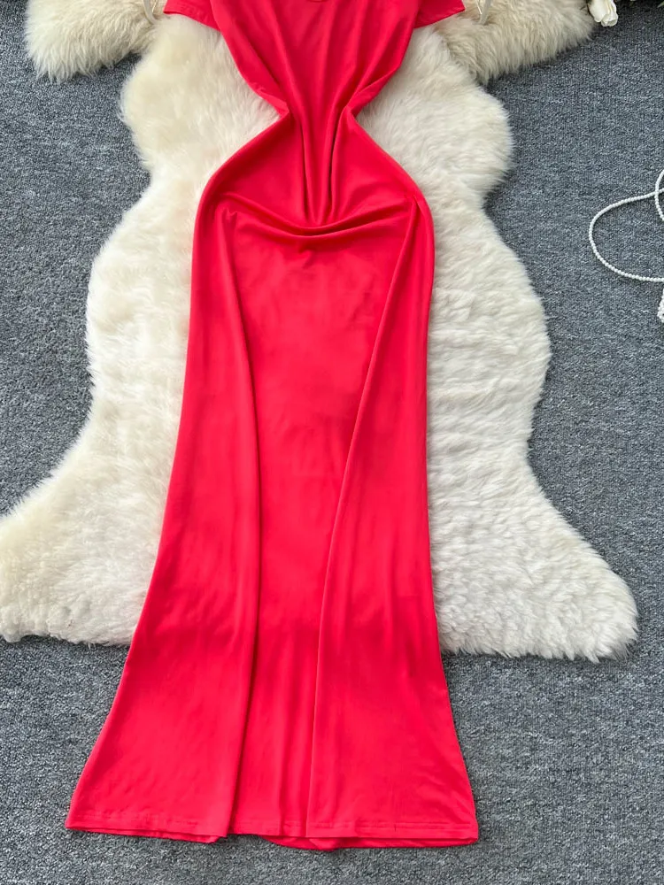 夏の純粋な欲望 レディースドレス ハイウエスト Aライン 半袖 Vネック ボディコン ロングスカート セクシー シティ通勤 韓国風