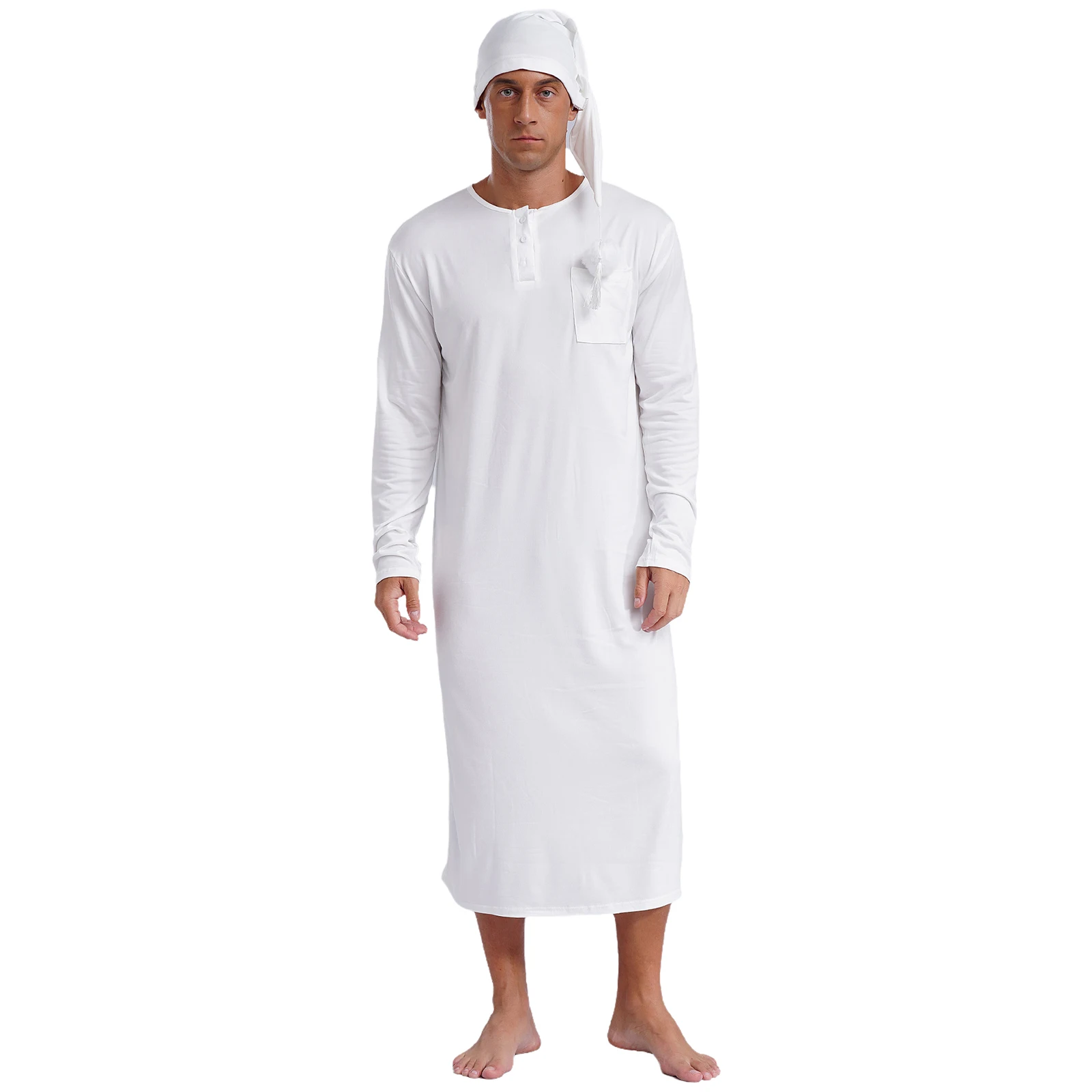 رجل ملابس نوم فضفاضة سيسي ملابس نوم طويلة الأكمام رداء طويل منامة قبعة مدببة مع بوم بوم رداء النوم مع قبعة رداء ملابس خاصة