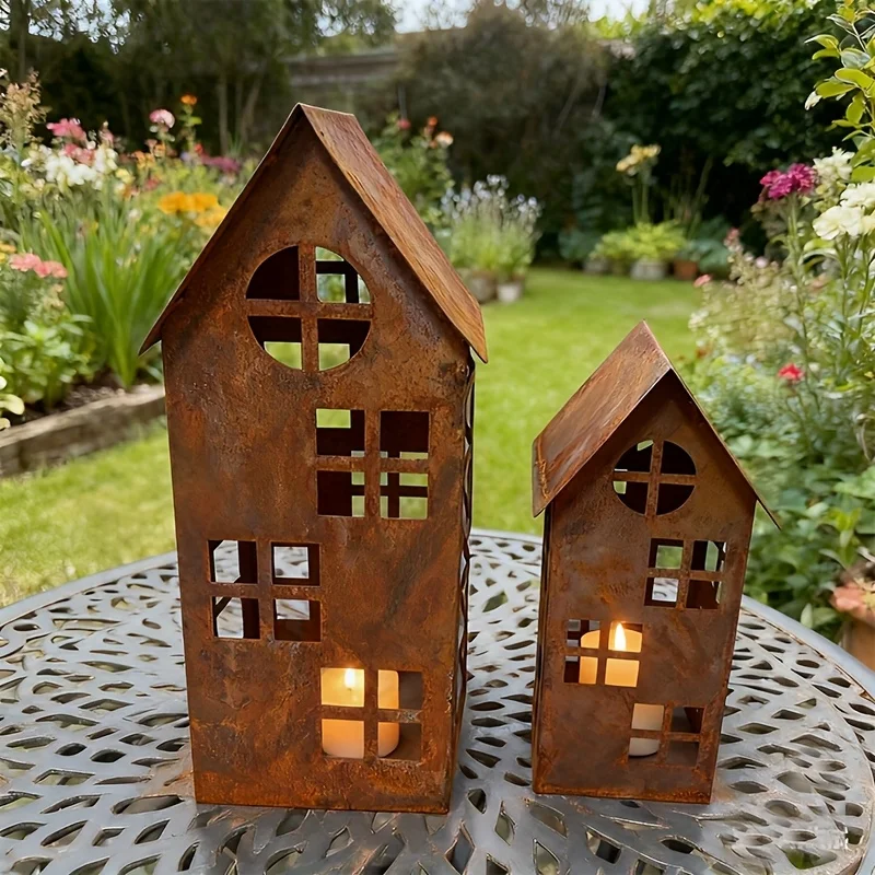 Distressed Metal Hollow House-Shaped Candle Holder Set, Crafted from Rust-Imitating Metal in Assorted Sizes