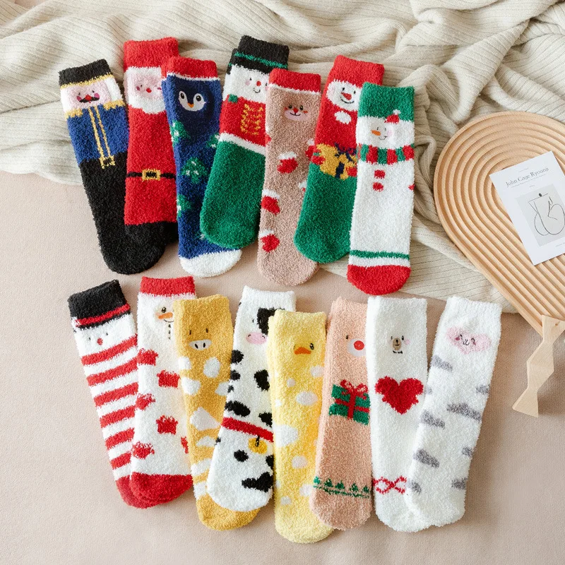 1 Pair Christmas Socks Winter Warmth Coral Velvet Socks Children's Gift Cute Snowflake Gingerbread Man Girl Boy Floor Socks 2023