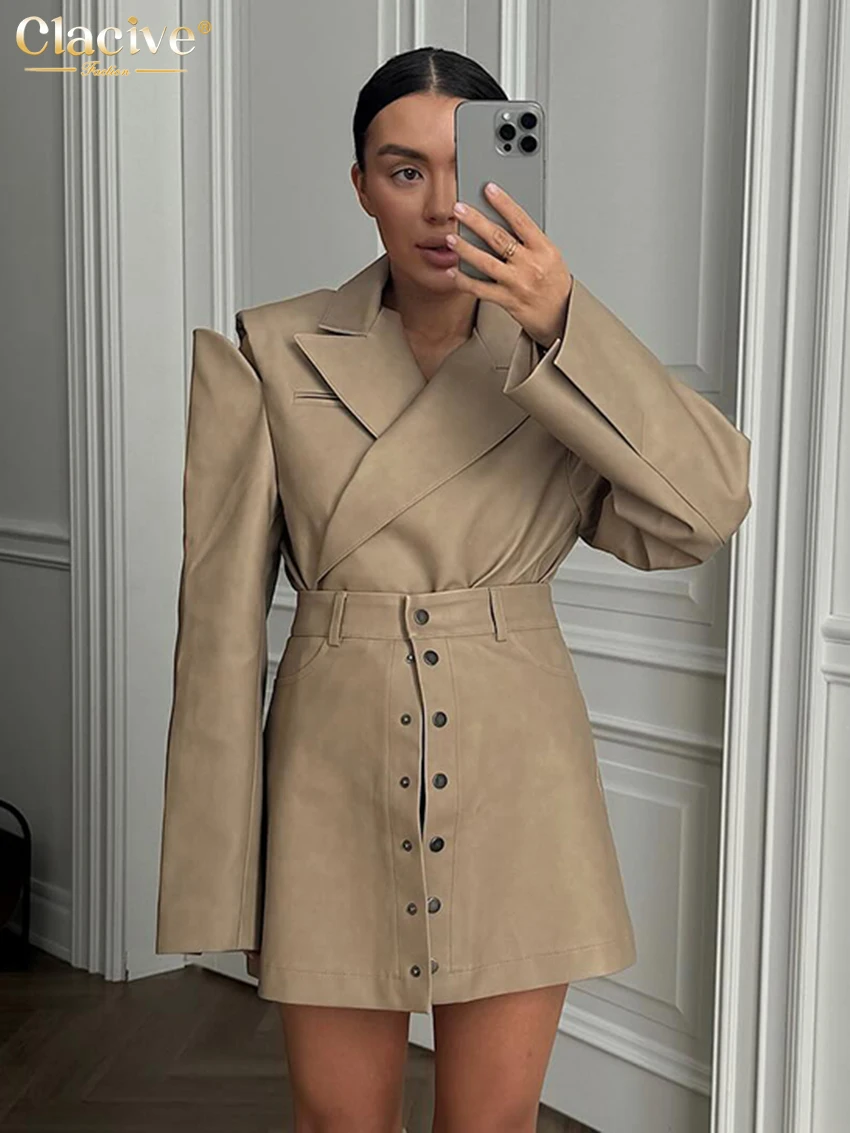 Clacive Fashion Loose Khaki Office Women's Two Pieces Set 2025 Elegant Long Sleeve Blazer With High Waist Mini Skirt Set Female