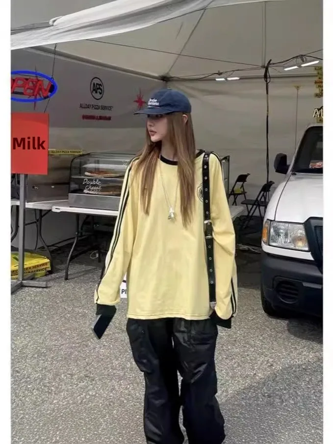 

Футболка с длинным рукавом и двойным цветным принтом, весна-лето, новая уличная мода, свободный крой, из хлопка, с круглым вырезом