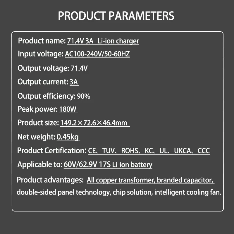71,4 V 3 A Batterieladegerät 17S 60 V 62,9 V Lithium Li-Ion RV Gabelstapler Energiespeicher Ladegerät IEC/XT60/XT90 Hochwertiger Stecker