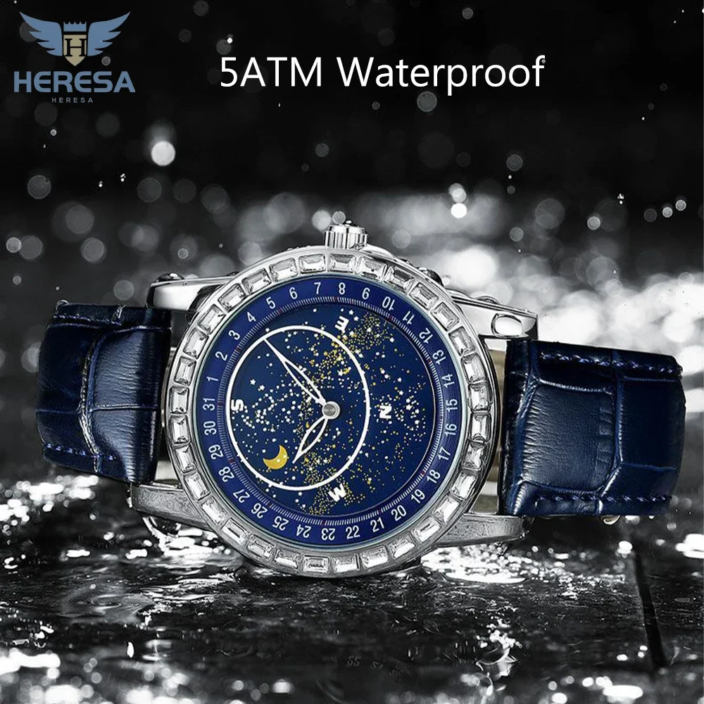 Часы HERESA мужские водонепроницаемые, брендовые оригинальные модные наручные, с диском и движущимися звездами, автоматические, для отдыха